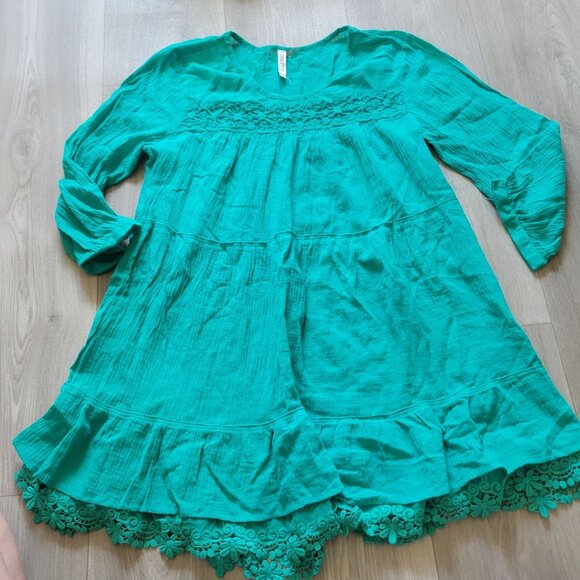 Womens Teal Long-Sleeve Tiered Tunic Dress Crochet Lace Hem  Smocked Bodice Boho - Picture 4 of 8